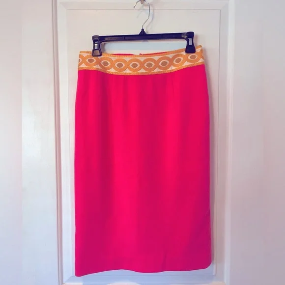 Anthropologie Neon Pink w/ Yellow Embroidery Trim pencil skirt - 6 - Picture 1 of 5